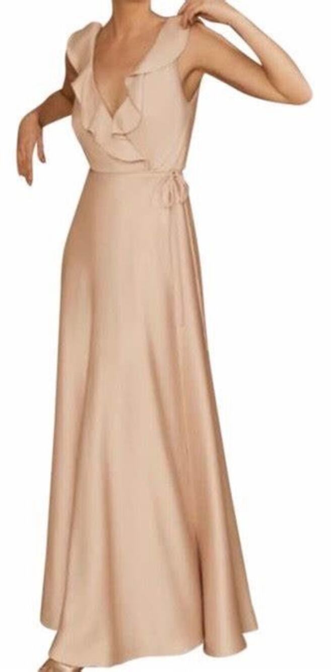 BHLDN Sachin & Babi Champagne Ruffled Wrap Tansy Satin Formal Gown Dress Size 8